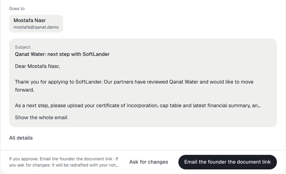 An approval in Portus: the email that will be sent, who it goes to, and the buttons to ask for changes or send it.