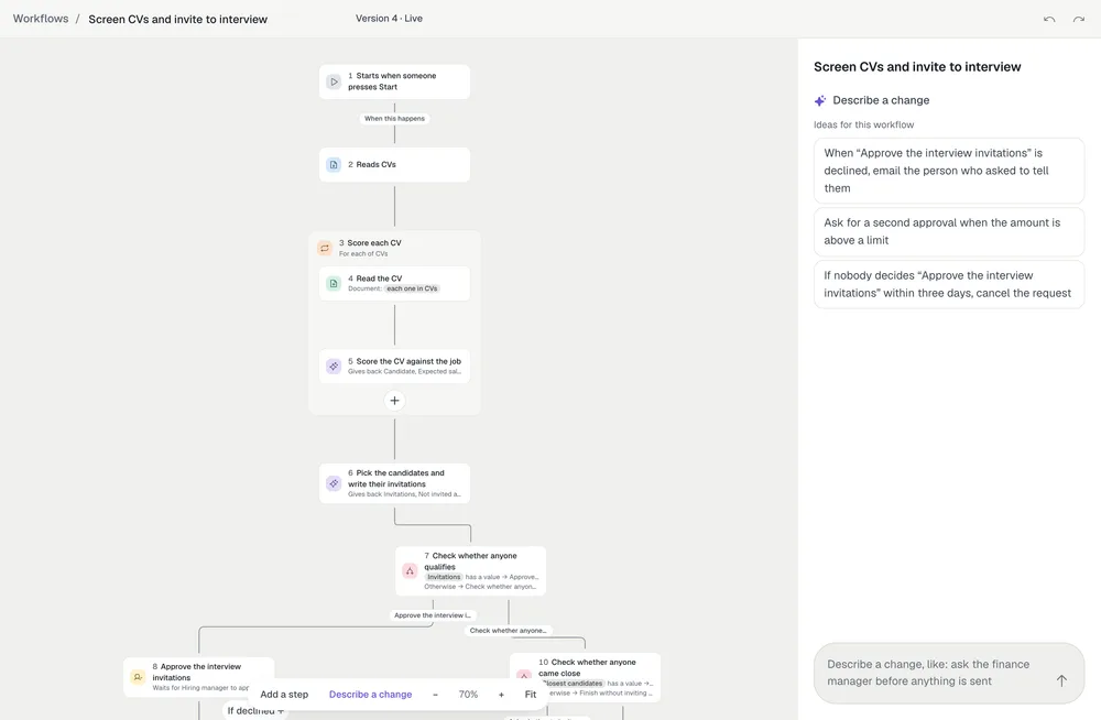 The Portus editor with the leave request workflow drawn as a map of steps, and the AI co-pilot beside it.