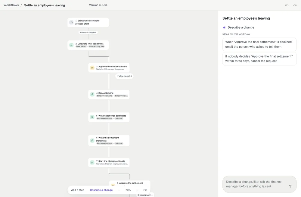 The hiring workflow open in the Portus editor, with the co-pilot’s ideas for changes beside the map.